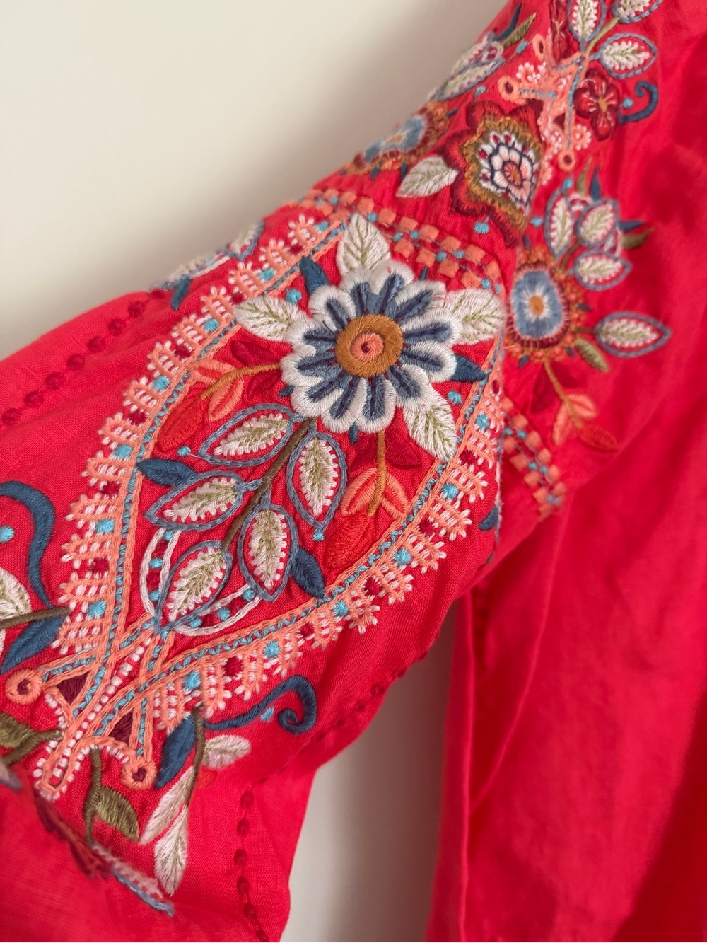 Johnny Was Maisie Peasant Tie Embroidered Blouse Linen Boho Coral Size Small - Picture 5 of 16